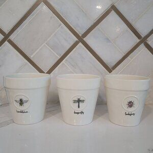 3 White Ceramic Insect Plant Pots & Tray Rae Dunn Magenta Dragonfly Bee Ladybug